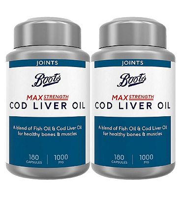 Boots Max Strength Cod Liver Oil 1000mg Bundle: 2 x 180 Capsules (1 year supply)