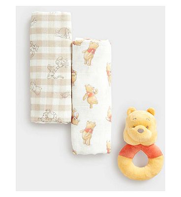 Mothercare Disney Classics Winne the Pooh Muslin Cloths and Rattle Set