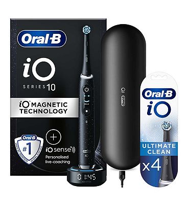 Oral-B iO10 Electric Toothbrush Cosmic Black + iO Ultimate Clean Black Replacement Electric Toothbrush Heads 4 Pack Bundle