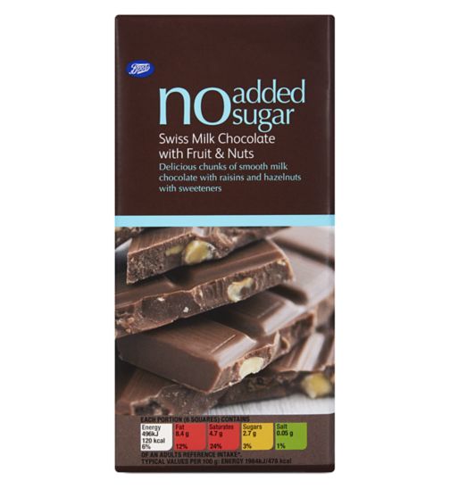 Boots No Added Sugar Swiss Milk Chocolate with Fruit & Nuts (100g)