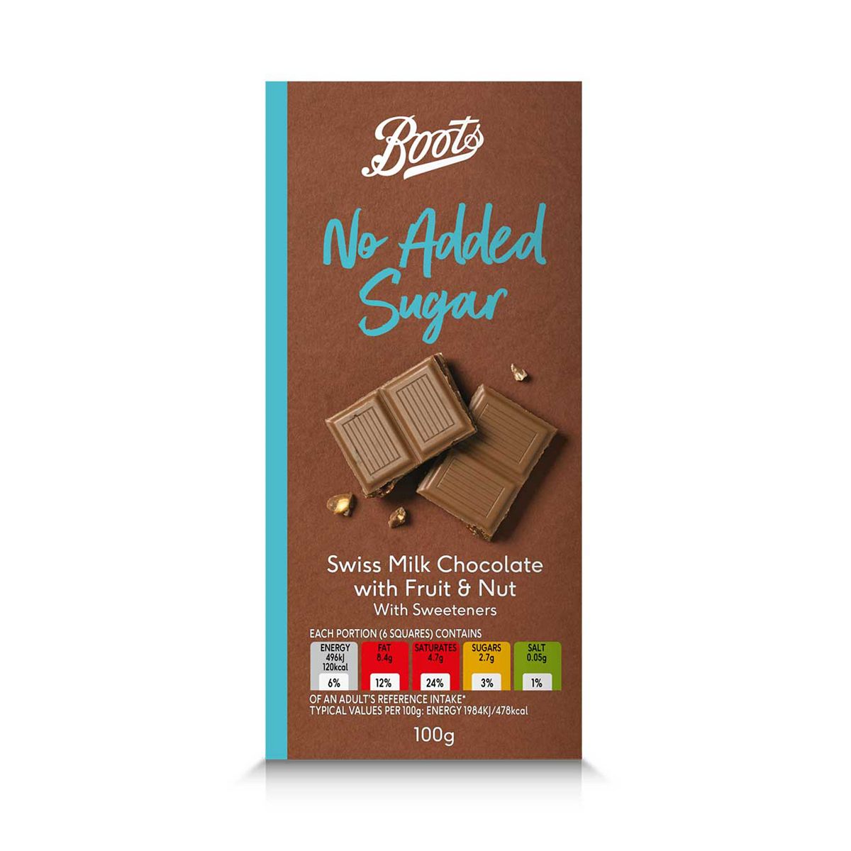 Boots No Added Sugar Swiss Milk Chocolate With Fruit & Nuts 100G