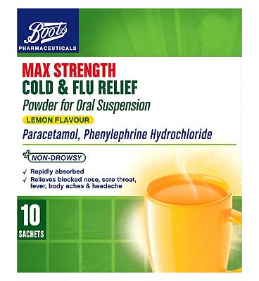 Boots Max Strength Cold & Flu Relief Lemon Flavour - 10 Sachets Paracetamol, Phenylephrine Hydrochloride