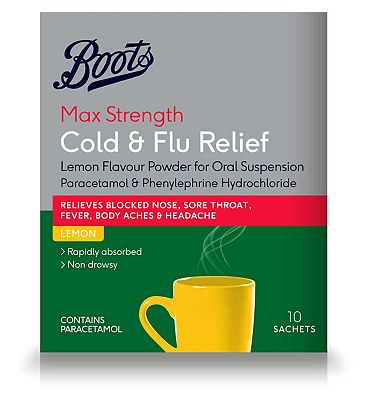 Boots Max Strength Cold & Flu Relief Lemon Flavour - 10 Sachets Paracetamol, Phenylephrine Hydrochlo