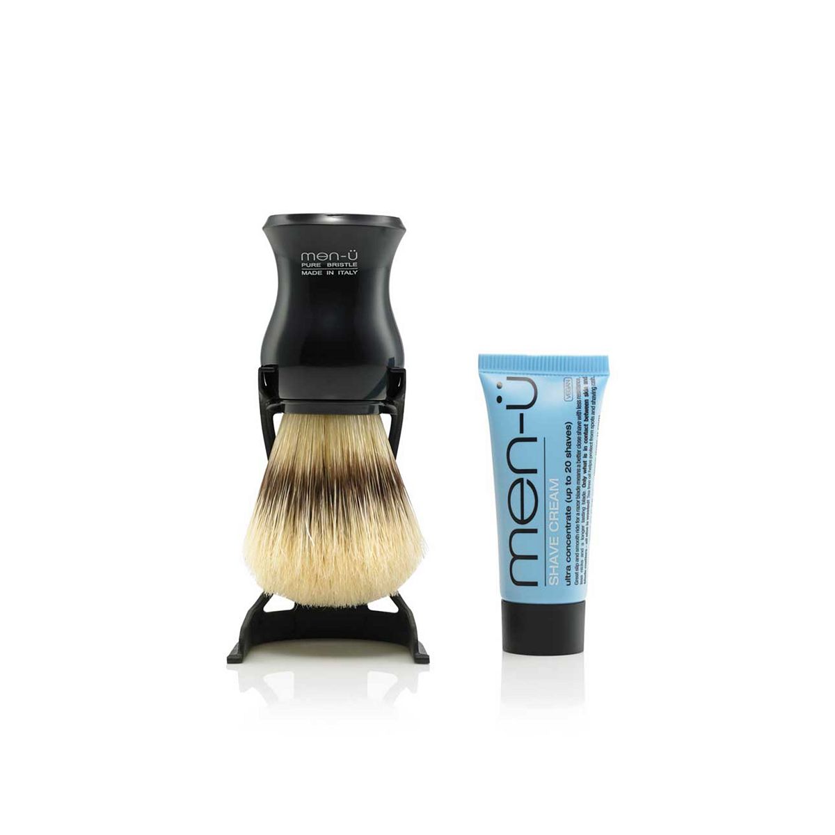 Men-U Men-Ü Barbiere Shaving Brush (Black) & Stand + Shave Cream Tube 15Ml