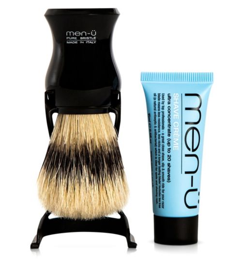 men-ü Black Barbiere Pure Bristle Shaving Brush with stand & free 15ml shave crème buddy tube