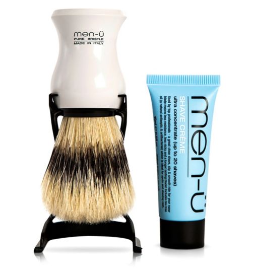 men-ü White Barbier62e Pure Bristle Shaving Brush with stand & free 15ml shave crème buddy