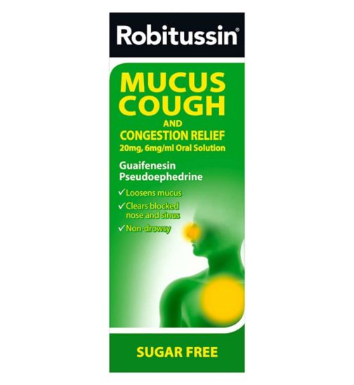 Robitussin Mucus Cough and Congestion Relief 20mg, 6mg/ml Oral Solution 100ml Sugar Free