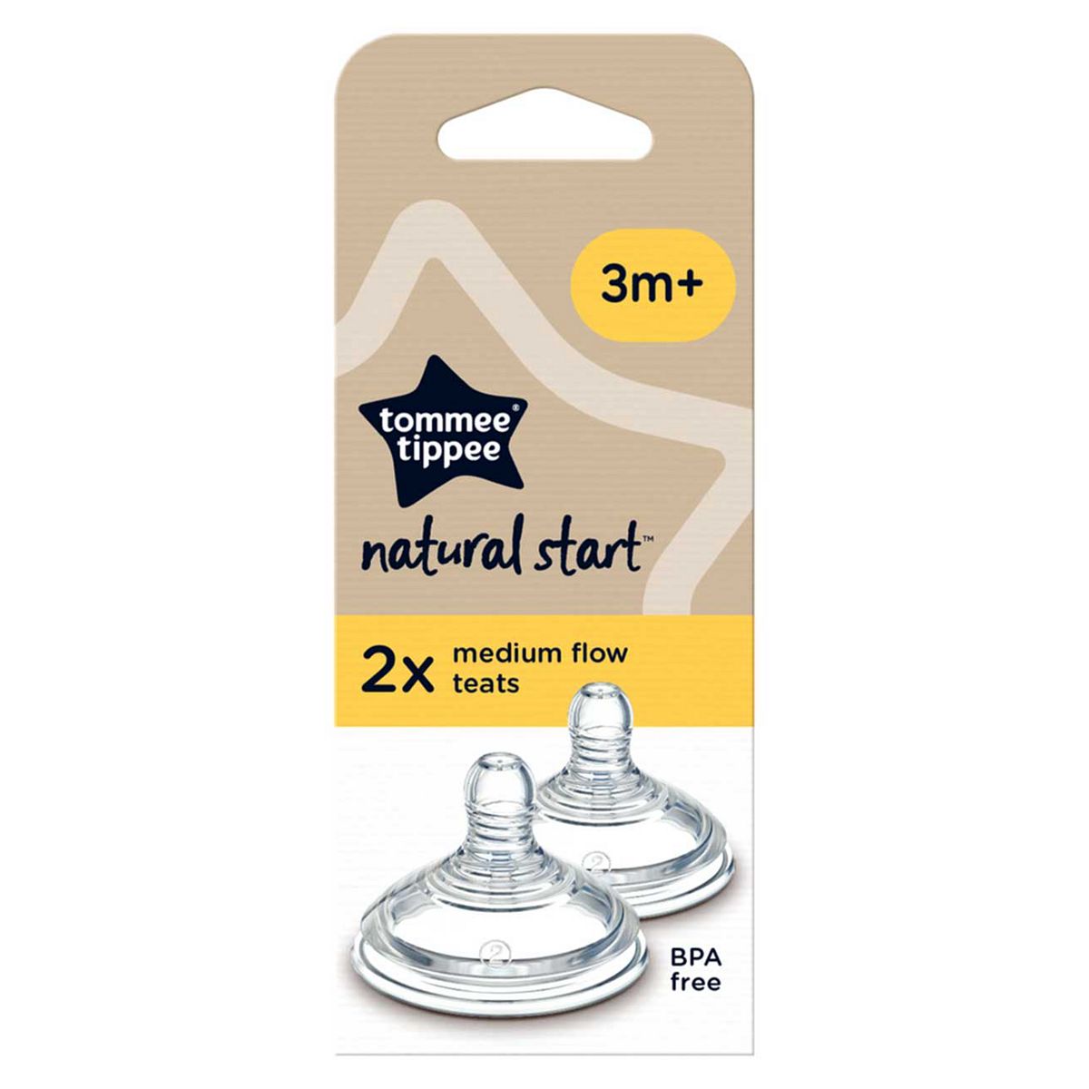 Tommee Tippee Natural Start Baby Bottle Teats, Medium Flow, 3+ Months, Anti-Colic Valve, Soft Silicone, Pack Of 2