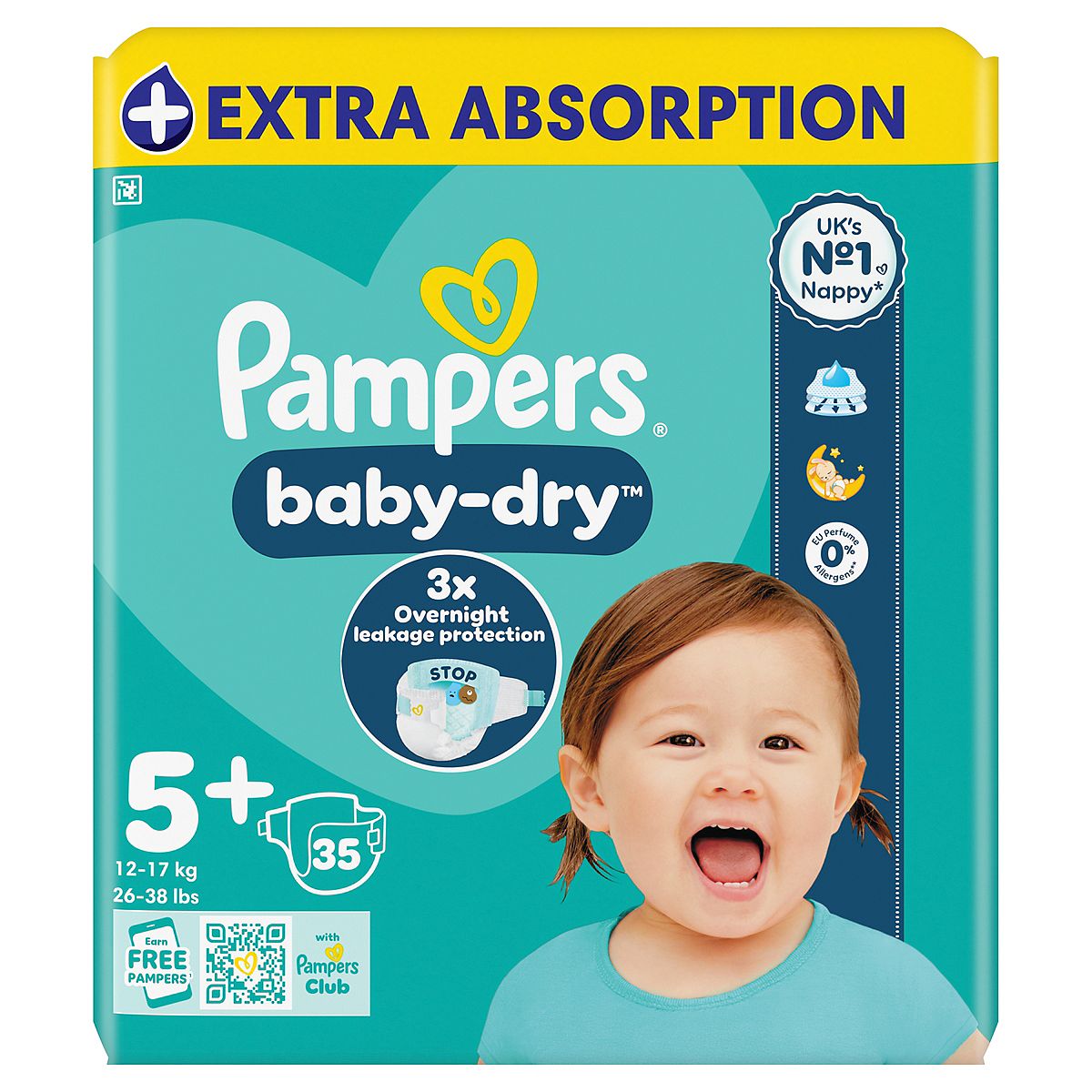 Pampers Baby-Dry Size 5+, 35 Nappies, 12Kg-17Kg, Essential Pack