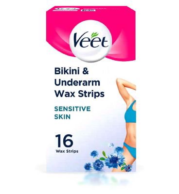 Veet Bikini & Underarm 16 EasyGrip Ready-to-Use Wax Strips and 4 Perfect Finish Wipes Sensitive Skin