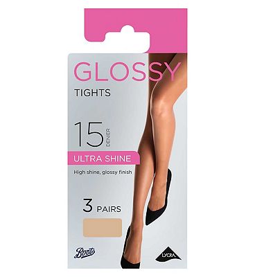 3 Pairs of 15 Denier With Lycra Gloss Tights Barely Black, Tan S/M