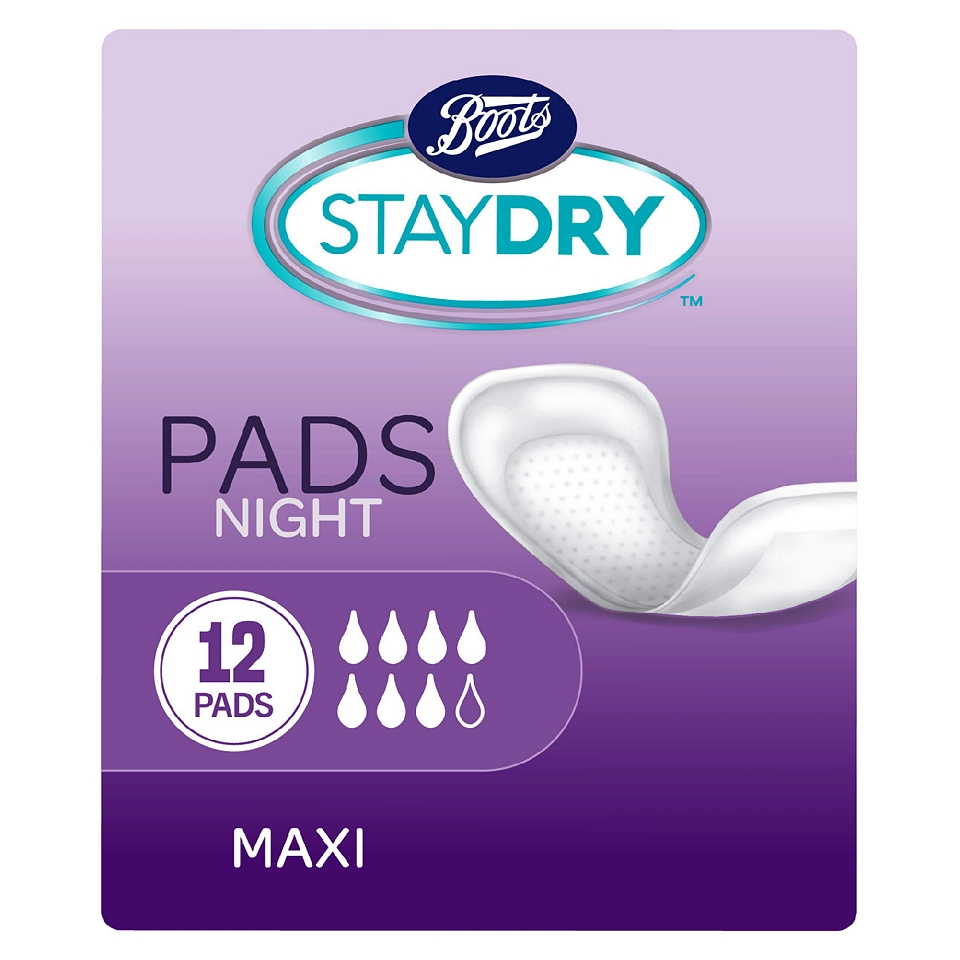 Boots Pharmaceuticals Staydry Night Pads   12 maxi pads   Boots