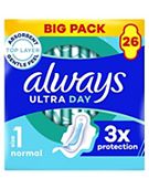 Always Ultra Day Sanitary Towels Normal (Size 1) With Wings 26 Pads, Super Absorbent And Ultra Thin, For Menstrual Periods