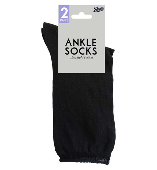 Boots Ultralight Cotton Ankle Socks 2 pair pack Black Size 4-7