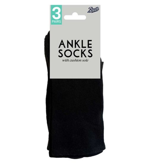 Boots Ultimate Comfort Cotton Ankle Socks 3 pair pack Black Size 4-7