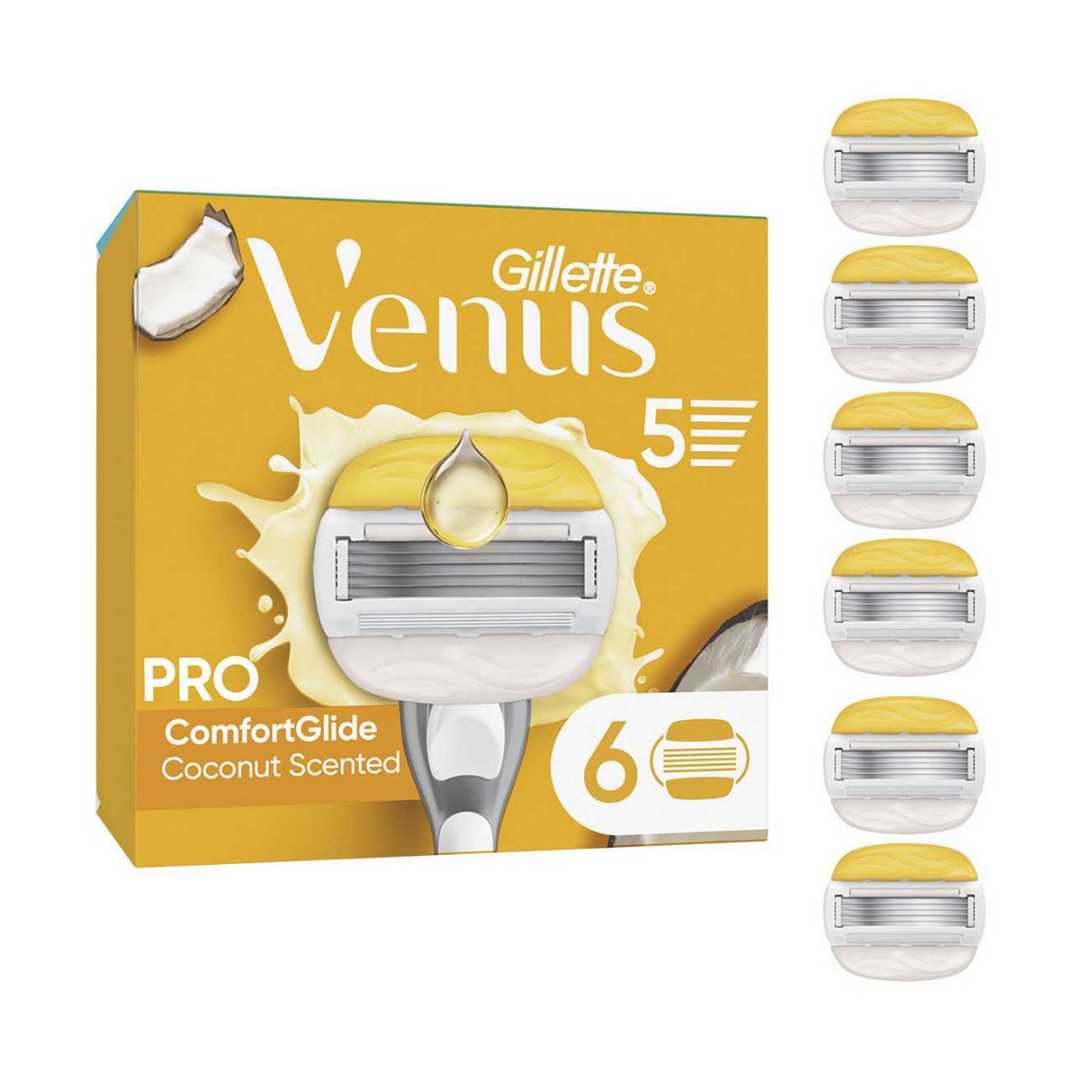 Gillette Venus Razor Blades, Pro Comfortglide Coconut With Olay 5 Blade Women's Blades X6
