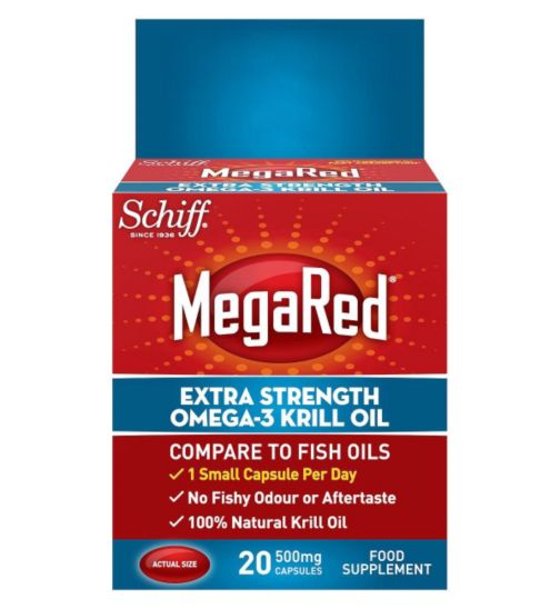 MegaRed Omega-3 Krill Oil Extra Strength Food Supplement 20 500mg Capsules.