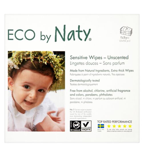 Naty Sensitive Unscented Baby Wipes, 3 x 56 pack 168 wipes