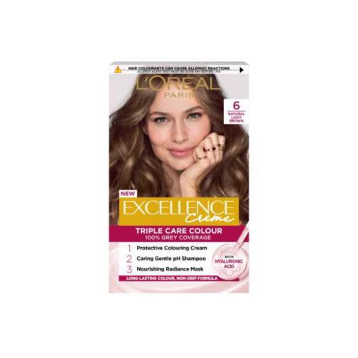 L’Oréal Paris Excellence Crème Permanent Hair Dye, Up to 100% Grey Hair Coverage, 6 Natural Light Brown