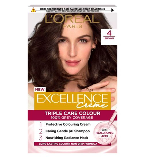 L’Oréal Paris Excellence Crème Permanent Hair Dye, Up to 100% Grey Hair Coverage, 4 Natural Dark Brown