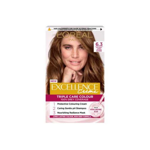 L’Oréal Paris Excellence Crème Permanent Hair Dye, Up to 100% Grey Hair Coverage, 6.3 Natural Light Golden Brown