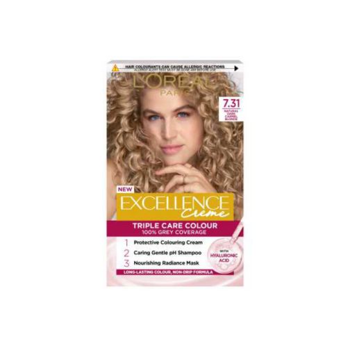 L’Oréal Paris Excellence Crème Permanent Hair Dye, Up to 100% Grey Hair Coverage, 7.31 Natural Dark Caramel Blonde