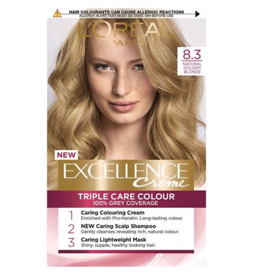 L’Oréal Paris Excellence Crème Permanent Hair Dye, Up to 100% Grey Hair Coverage, 8.3 Natural Golden Blonde