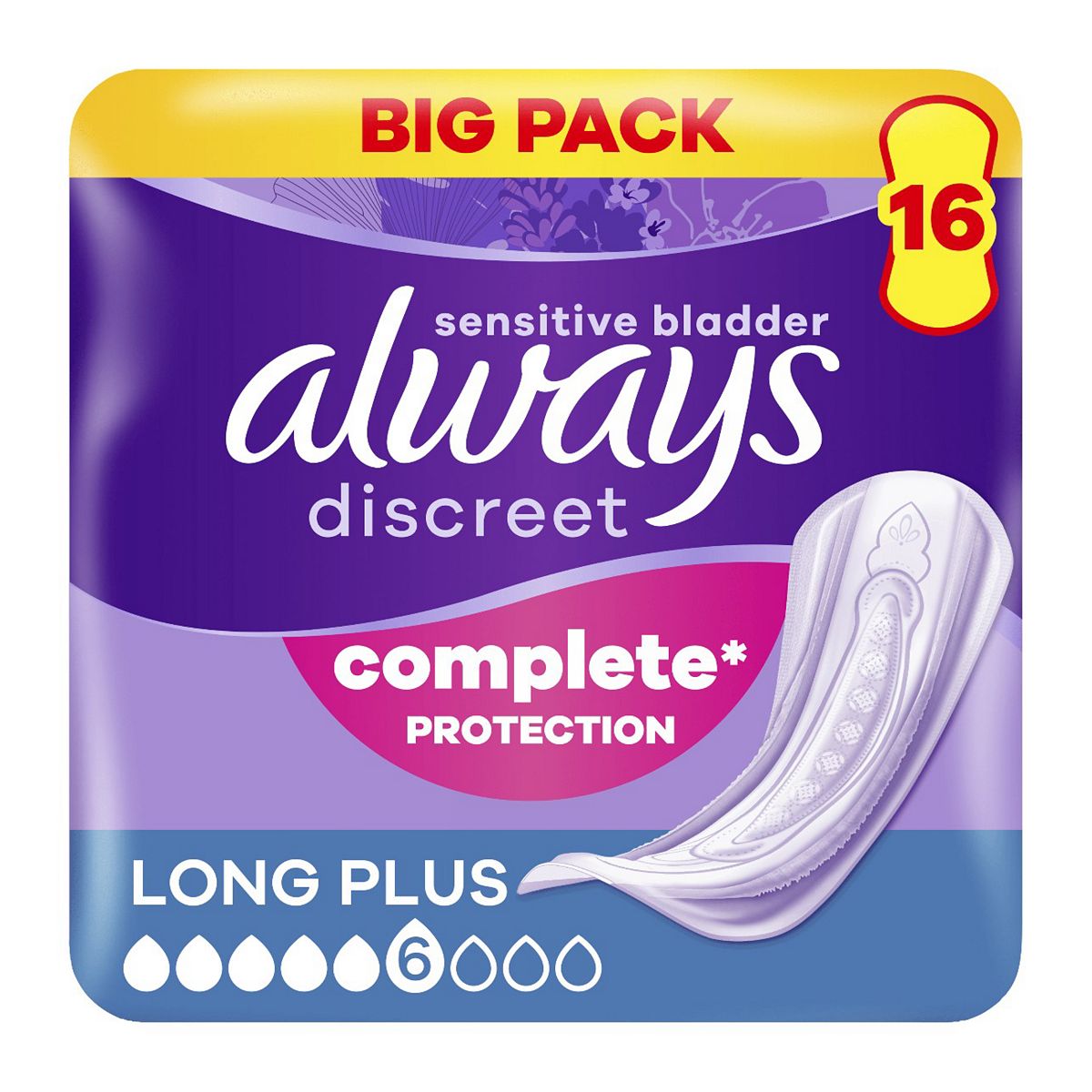 Always Discreet Incontinence Pads Women Long Plus 16 Count Complete Protection &