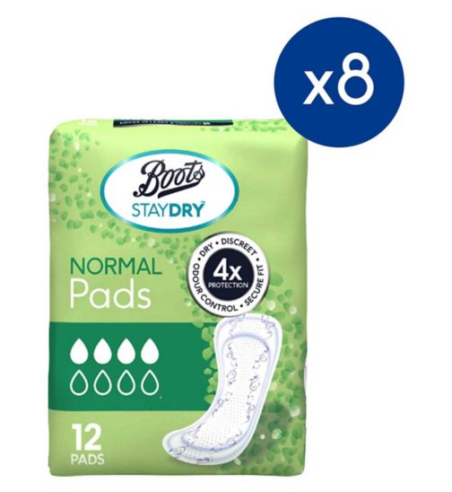 Boots Staydry Normal Pads;Boots Staydry normal pads 12s;Staydry Normal Liners for Light to Moderate Incontinence 8 Pack Bundle – 96 Liners