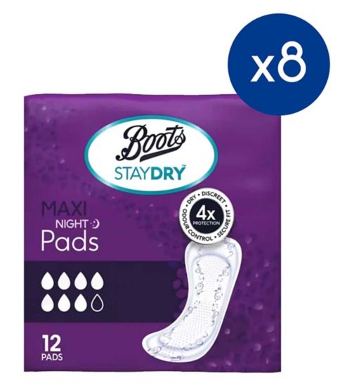 Boots StayDry Maxi Night Pads - 96 Pads (8 Pack Bundle)
