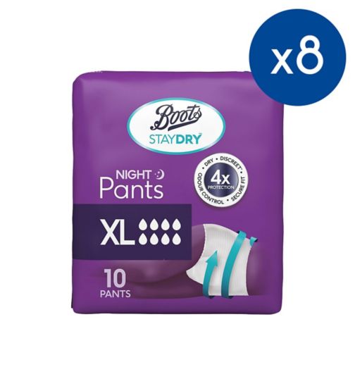 Boots Staydry Night Pant Extra Large 10s;Boots Staydry Night Pants (Sizes Small, Medium, Large, XL);Boots Staydry Night Pants XL - 80 Pants (8 Pack Bundle)