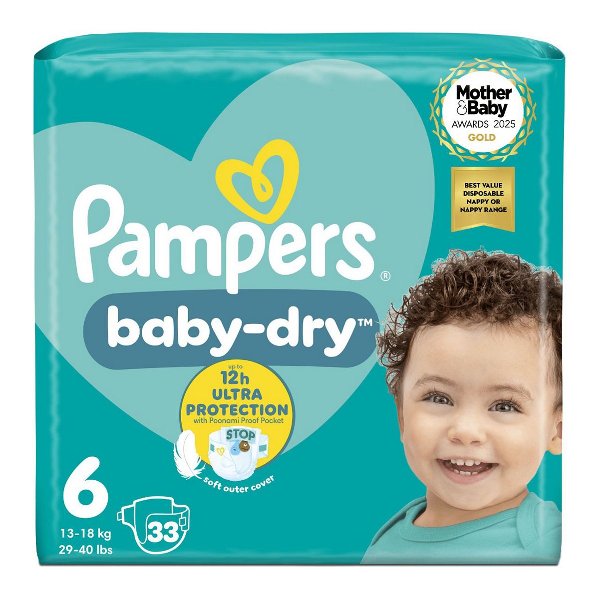 Pampers Baby-Dry Size 6, 33 Nappies, 13-18Kg, Essential Pack