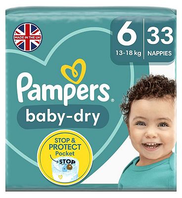 Pampers Baby-Dry Size 6, 33 Nappies, 13kg-18kg, Essential Pack