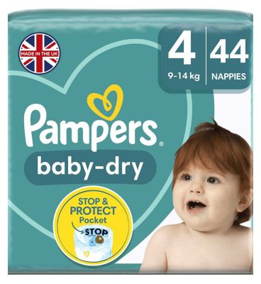 Pampers Baby-Dry Size 4, 44 Nappies, 8kg-16kg, With 3 Absorbing Channels
