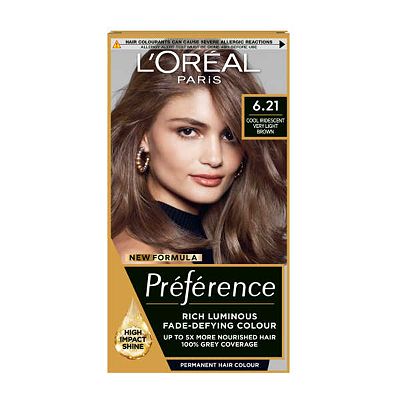 LOral Paris Preference Permanent Hair Dye, Luminous Colour, Cool Iridescent Very Light Brown 6.21