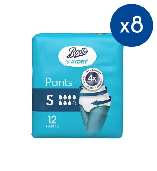 Boots Staydry Pants (Sizes Small, Medium, Large, XL);Boots Staydry Pants Small;Boots Staydry Pants Small - 96 Pants (8 Pack Bundle);Boots Staydry pants Small 12s