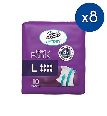 Boots Staydry Night Pants Large - 80 Pants (8 Pack Bundle)