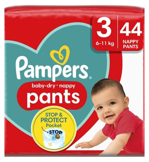 Pampers Baby-Dry Nappy Pants Size 3, 44 Nappies, 6kg-11kg, Essential Pack