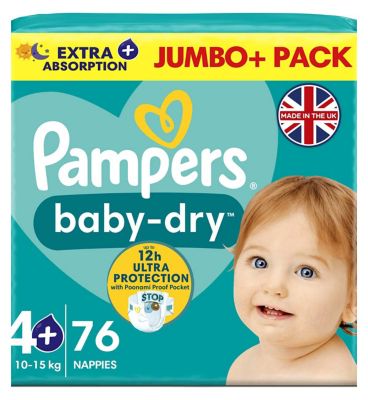 Pampers size 4+ Baby Dry nappies jumbo+ 9-14kg 76s
