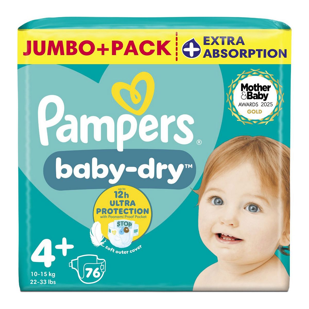 Pampers Size 4+ Baby Dry Nappies Jumbo+ 9-14Kg 76S