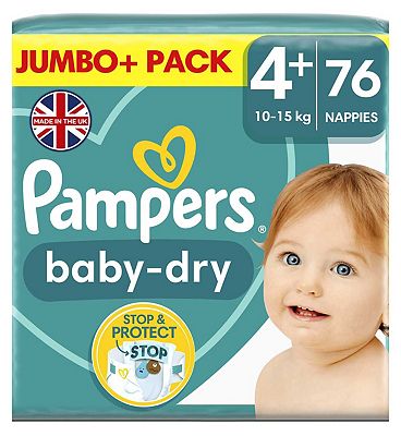 Pampers Baby-Dry Size 4+, 76 Nappies, 10kg-15kg, Jumbo+ Pack