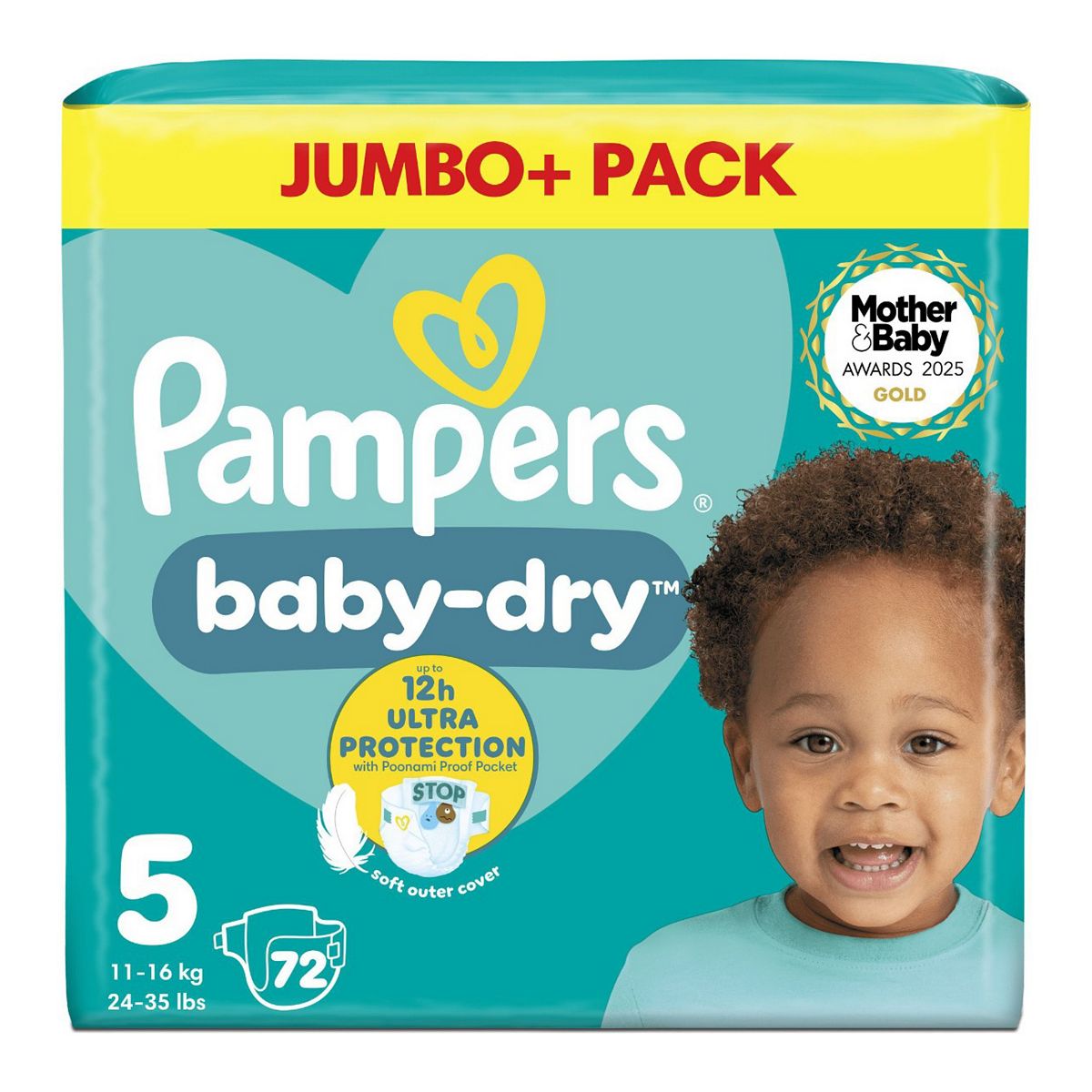Pampers Baby-Dry Size 5, 72 Nappies, 11Kg-16Kg, Jumbo+ Pack