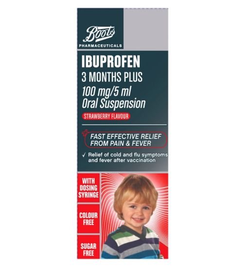 Boots Ibuprofen 3 Months Plus 100 mg/ 5 ml Oral Suspension Strawberry Flavour 100ml