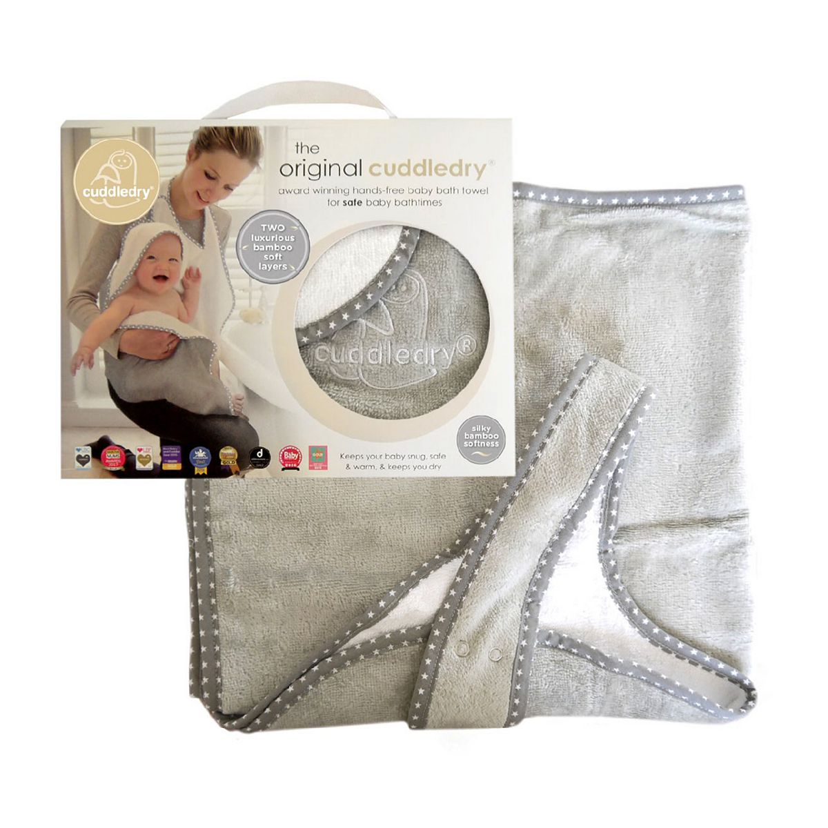 Cuddledry ® Hands-Free Baby Bath Towel - Grey Star