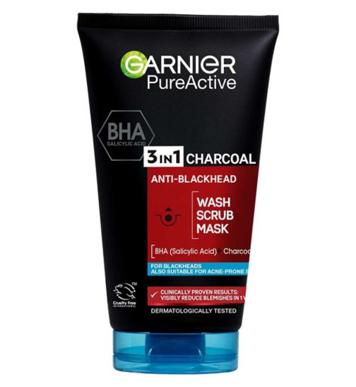 Garnier Pure Active 3in1 Charcoal Mask-Wash-Scrub For Blackheads and Spots 150ml