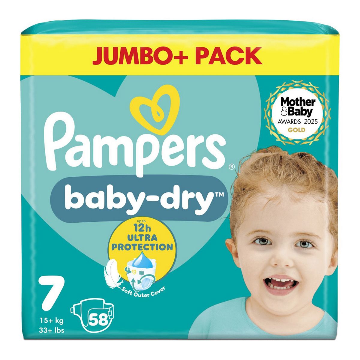 Pampers Baby-Dry Size 7, 58 Nappies, 15Kg+, Jumbo+ Pack