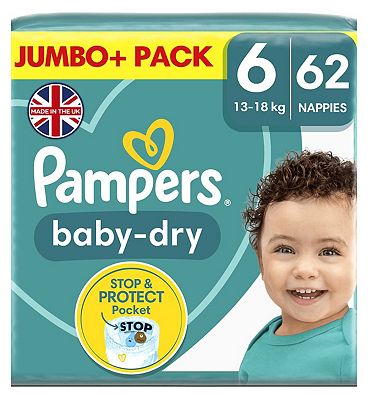 Pampers Baby-Dry Size 6, 62 Nappies, 13kg-18kg, Jumbo+ Pack