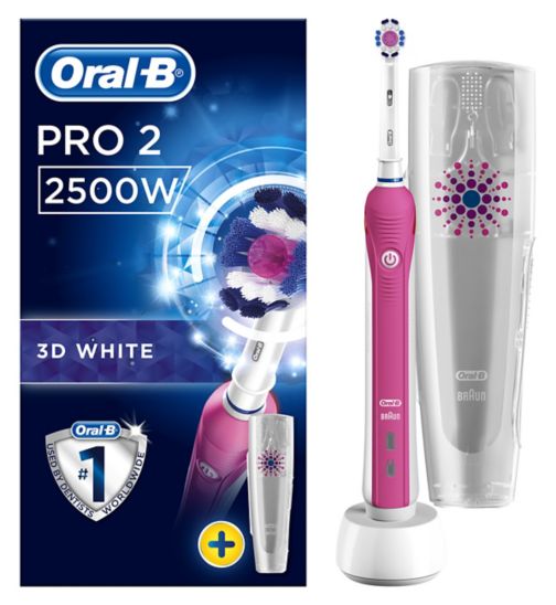 Oral B Pro 2 2500W 3D White Electric Toothbrush with Travel Case - Pink