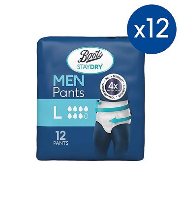 BOOTS mens LARGE Staydry disposable pull up pants, pack of 12 NEW