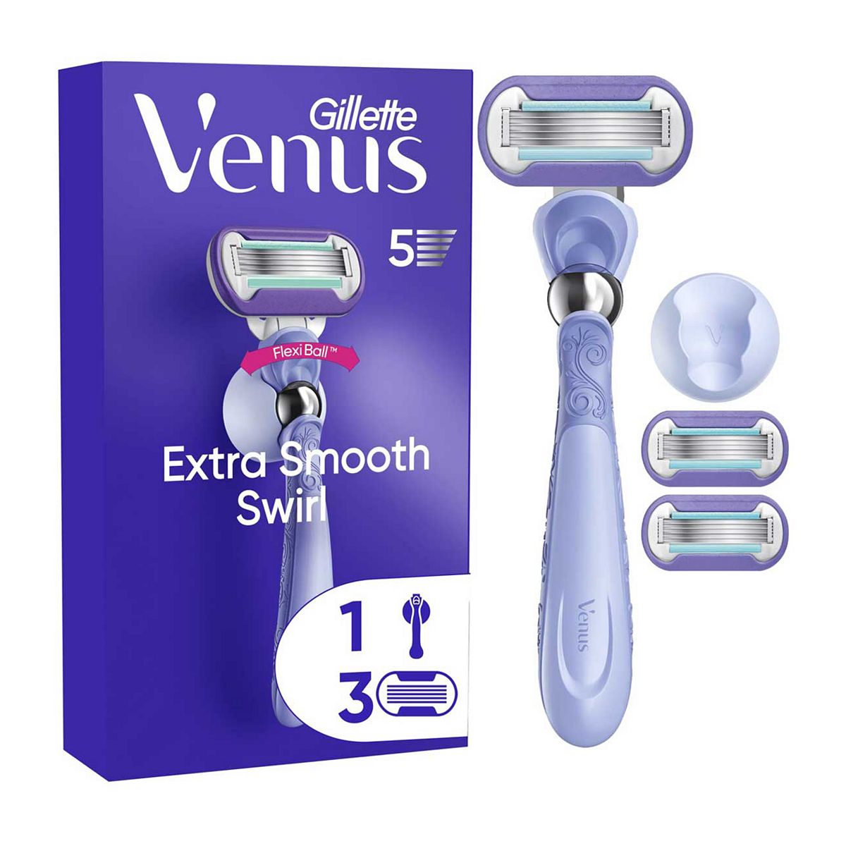 Gillette Venus Starter Kit, Extra Smooth Swirl 5 Blade Women's Razor + 3 Blades Refills Shower Hook